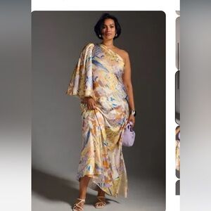 Mandira Wirk One-Shoulder Dress in yellow, orange, pink, lilac swirl, size 2x.